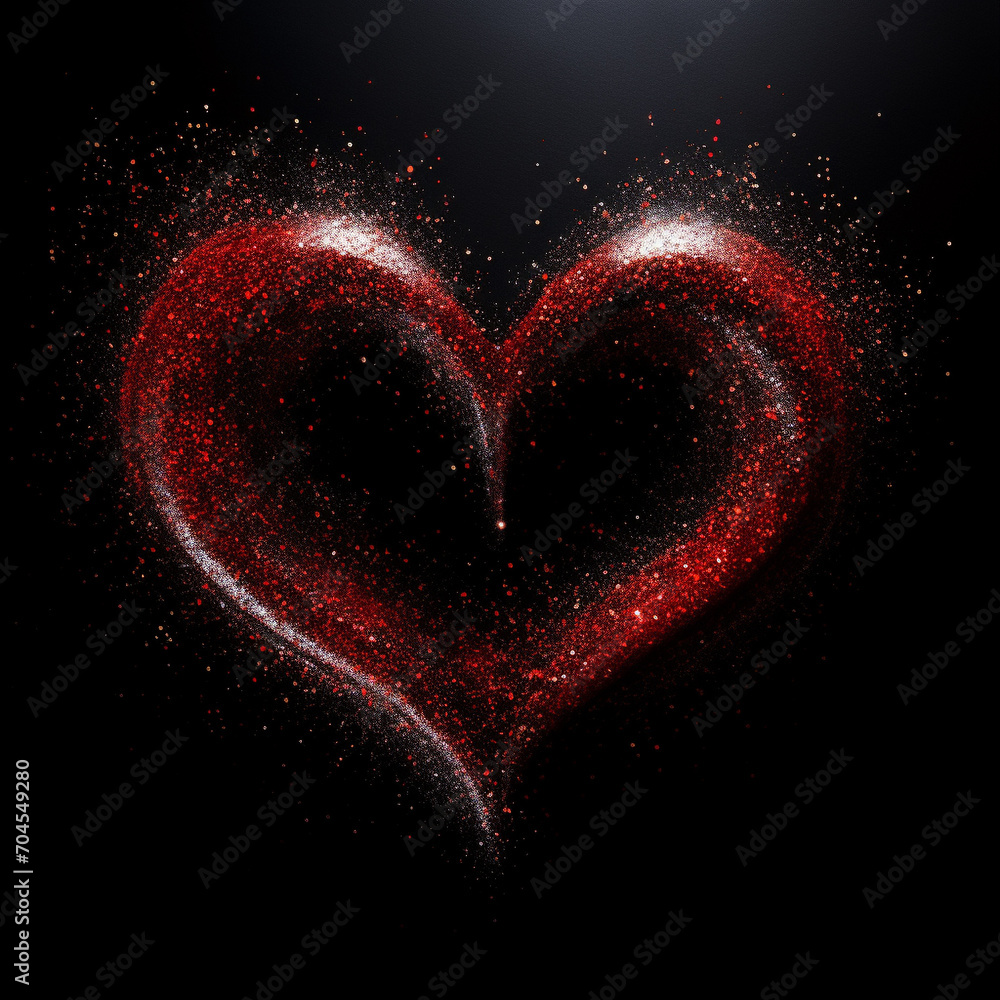 Red glitter heart isolated on a black background, Valentine's day, love illustration