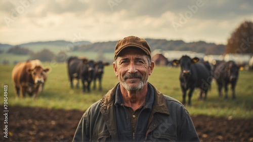 an older farmer against the background of cows and green grass