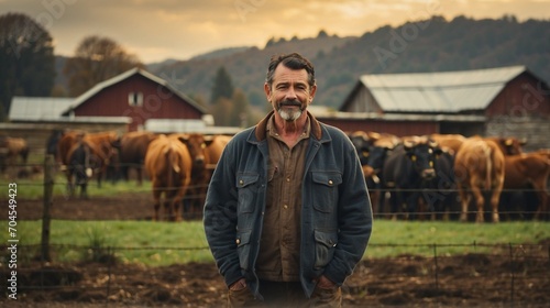 Farm owner against the background of cows and a farm
