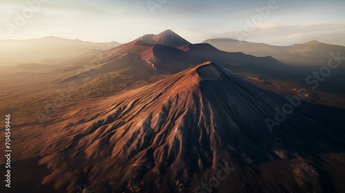 Bird's eye view of mountain range at sunset