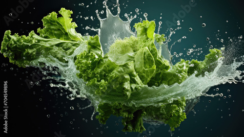 Smooth Fresh organic raw Kale leaf cabbage Vegetables falling into water and splashes created with Generative AI Technology