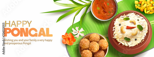 Greeting banner with traditional food (ven pongal, rasam, chutney, laddu) served on banana leaf for Indian harvest festival Pongal (Makar Sankranti). South Indian festive dishes. Vector illustration.