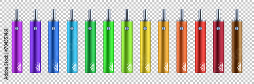 Vape flavors. Electronic cigarette design. Nicotine addiction. Alternative smoking accessory. Different vaporizers. Hookah pen or electric pod for tobacco smoke. E-cigarettes vector set
