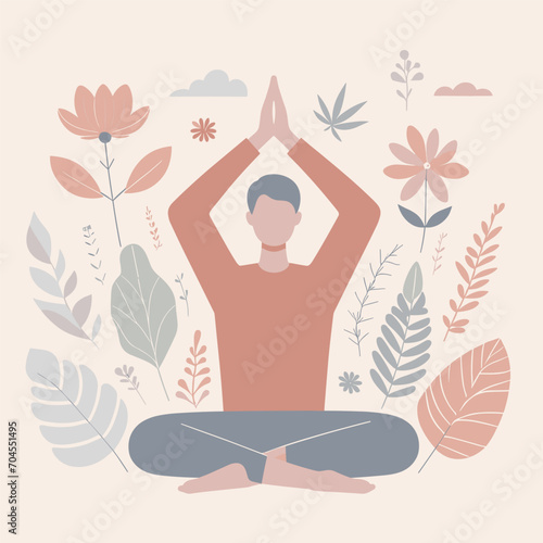 flat illustration of relaxed happy young man makes zen gesture meditates in pose lotus outdoor breathes deeply practices yoga to feel relaxed. concept of harmony, meditation, calmness, acceptance