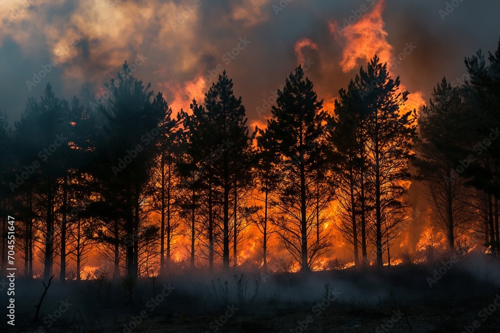 Fototapeta premium A beautiful wild forest on a mountain, engulfed in fire with a lot of smoke