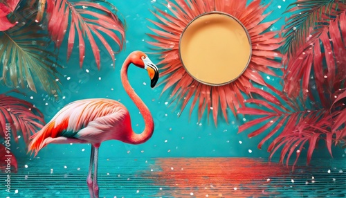 flamingo tropical disco style bright background travel concept