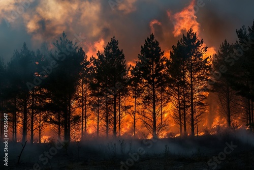 A beautiful wild forest on a mountain, engulfed in fire with a lot of smoke © Darya Lavinskaya