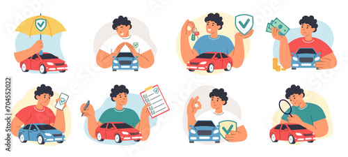 Car rent. Care auto service. Insurance document. Safety for drivers. Automobile costs. Accident with transport or claim to policy. Protection umbrella. Sedan buying. Vector flat icons set