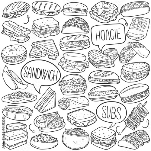 Sandwich Doodle Icons Black and White Line Art. Hoagie Clipart Hand Drawn Symbol Design.