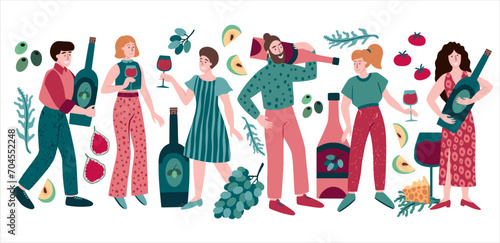 Wine festival. Beaujolais nouveau event. French party poster. Autumn invitation for celebration. People with big glass bottles and grape vines. Alcohol drink holiday. Vector illustration