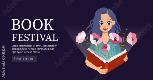 Book festival landing page. Woman reading story. Bookstore web poster. Dream day for children bookworm. Online library. School education event. Flowers in literature. Vector background