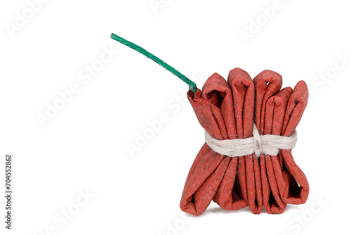 jumping red squib firecracker isolated on white background with copy space