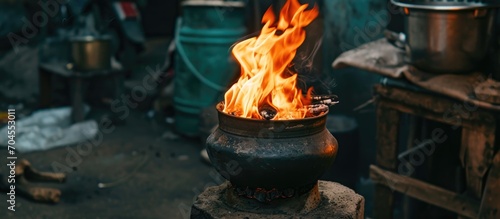 Negative effects of plastic burning on health and atmospheric pollution using an old stove. photo