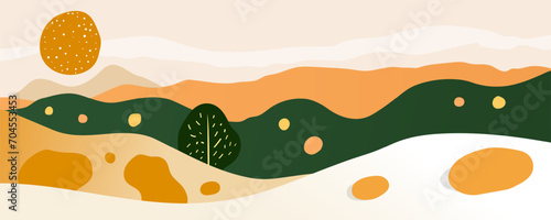 Beautiful abstract landscape. Amazing mountains, fields, meadows, trees and sun on a blue sky in an abstract style. Vector illustration for poster, banner, card or print.