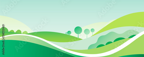 Summer abstract landscape. Beautiful hills, green fields and meadows, trees and shrubs on a blue sky in an abstract style. Vector illustration for poster, banner, card or print.