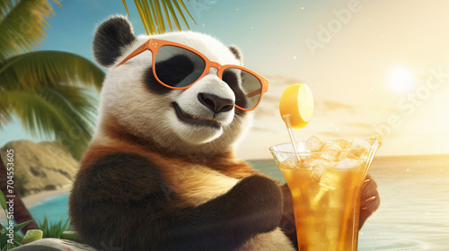 Cute panda in sunglasses and with a tropical cocktail is relaxing on the beach. Vacation concept at sea photo