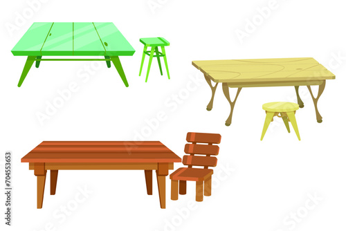 Table and chair. Home wooden furniture. Garden terrace furnishing. Dining desk. Yard stool. Patio comfortable armchair. Hardwood tabletop. Vector house interior isolated objects set