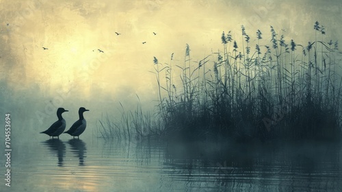 Birdwatching in a serene wetland, abstract bird silhouettes against a backdrop of reeds and a calm lake, peaceful © Kanisorn