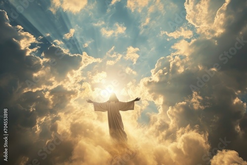 Jesus Christ ascended in heaven. The concept of God, Paradise and the Second Coming, Easter. 