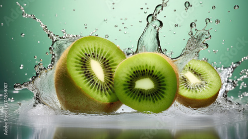 Smooth Fresh ripe green organic Kiwi Fruits slices and falling into water and splashes created with Generative AI Technology