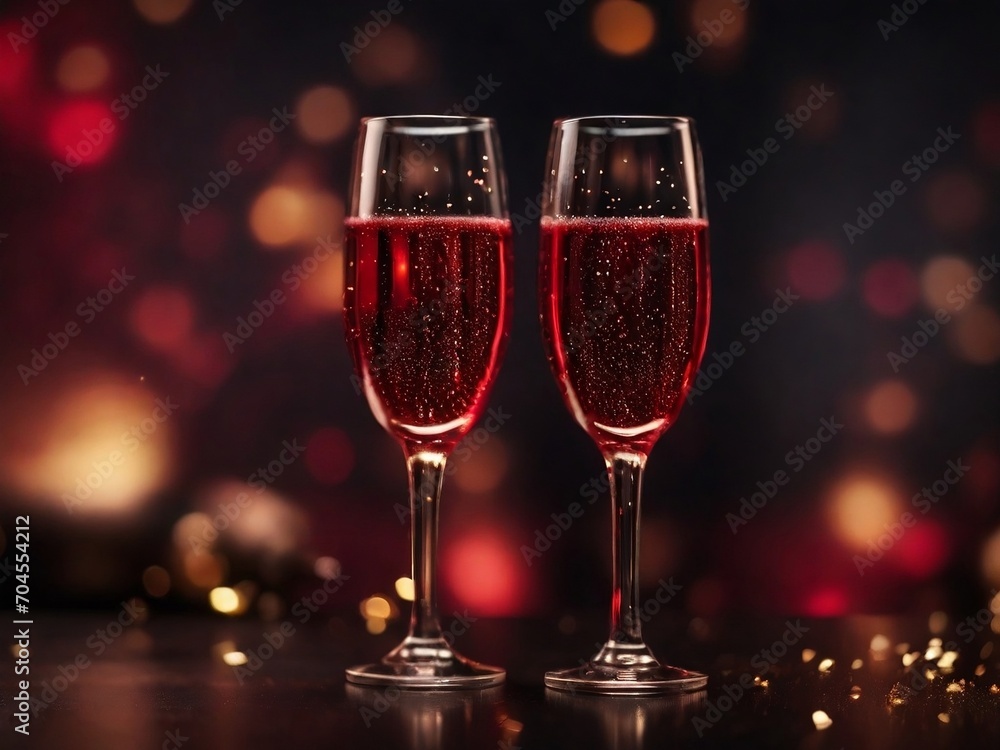 An invitation concept features two glasses set against a romantic bokeh background, creating an inviting atmosphere for a Valentine's dinner celebration with ample copy space.