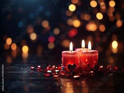 An inviting image of a candle creates a warm and romantic ambience against a bokeh background  perfect for a Valentine s dinner celebration with copy space