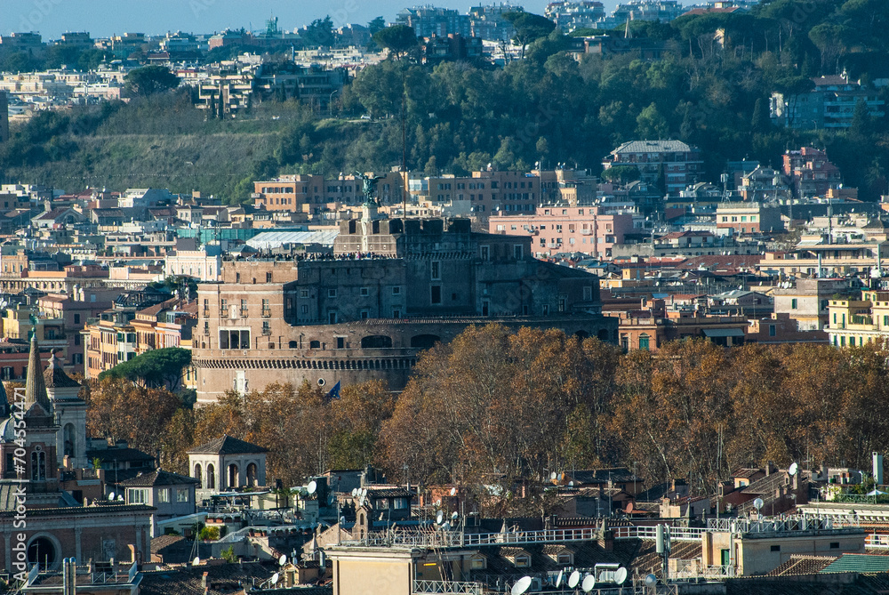 
Historic Rome city skyline from the terrace of the Altare della Patria in Piazza Venezia,  Rome, Lazio, Italy, Europe
