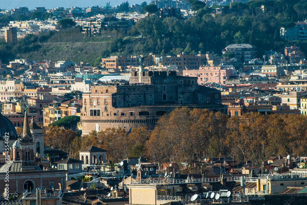 
Historic Rome city skyline from the terrace of the Altare della Patria in Piazza Venezia,  Rome, Lazio, Italy, Europe
