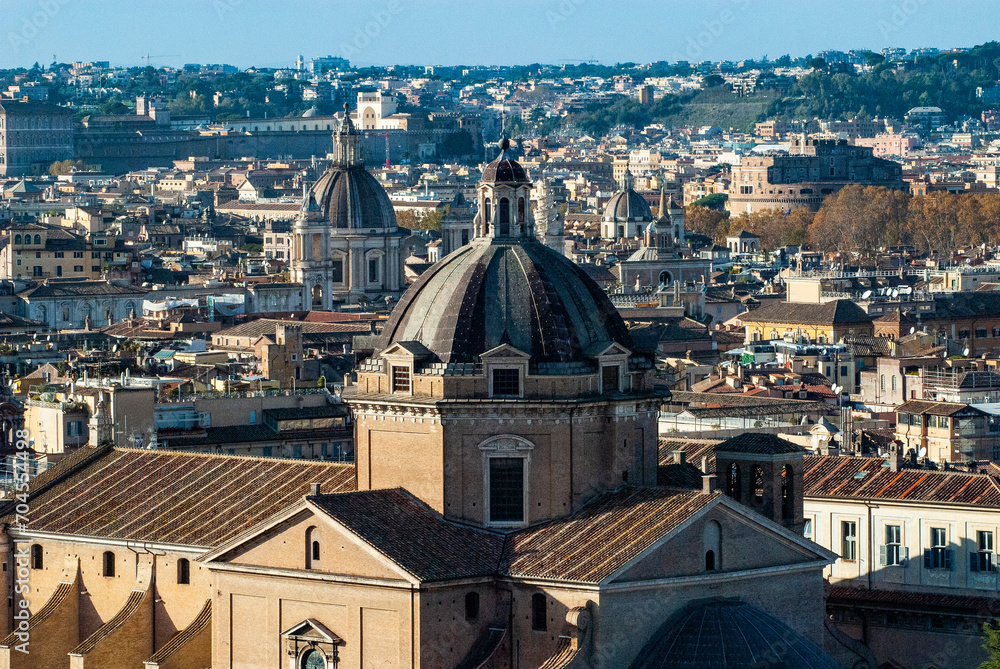 Fototapeta premium Historic Rome city skyline from the terrace of the Altare della Patria in Piazza Venezia, Rome, Lazio, Italy, Europe 