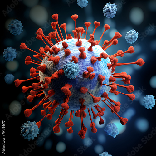 Covid-19 microcosm: AI-crafted illustration captures the microscopic view of the flying virus. Medical art for awareness and education photo