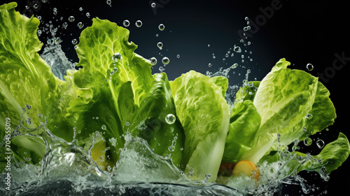 Smooth Fresh organic raw Lettuce leaf Vegetables falling into water and splashes created with Generative AI Technology