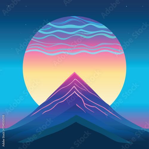 Mountain with sun scenery  sun behind mountains  travel illustration  background abstract design  clouds night logo