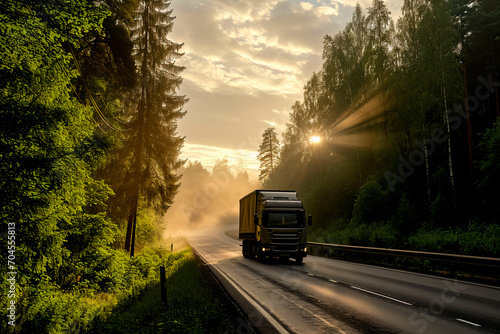 A truck traversing a lengthy road  surrounded by a serene and lush dark forest during a summer morning.