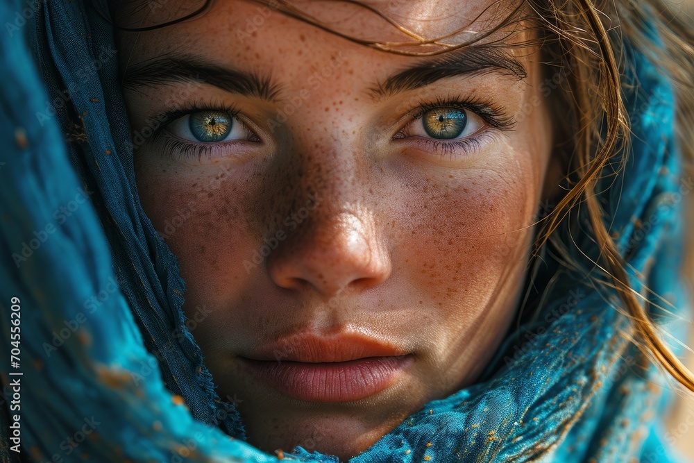 Striking Portrait of a Young Woman with a Blue Scarf Striking Portrait of a Young Woman with a Blue Scarf