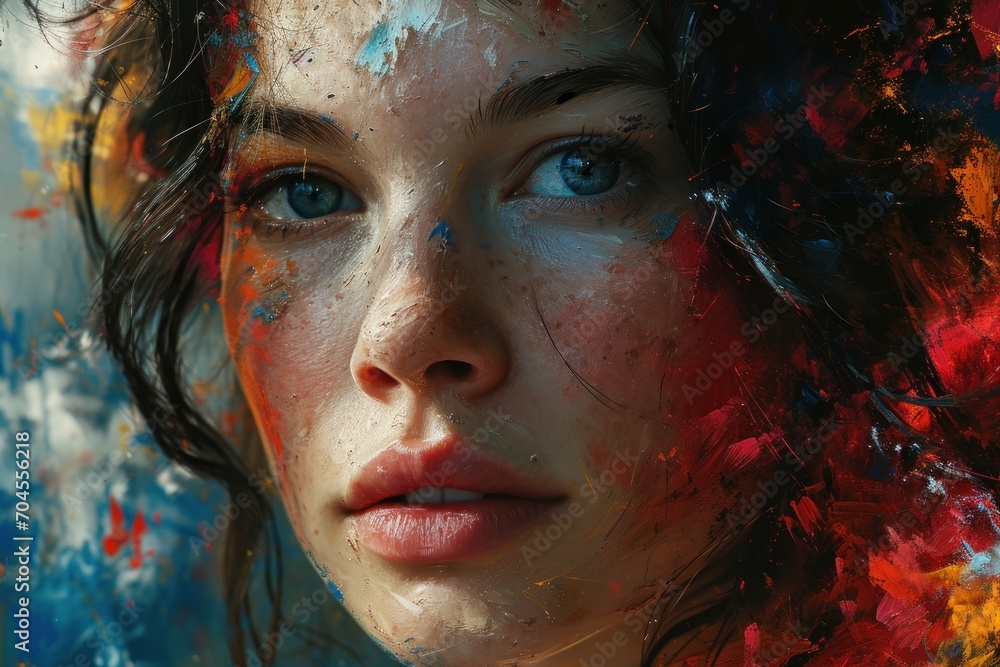 A woman's face emerges from an explosion of vibrant color splashes in an abstract art style A woman's face emerges from an explosion of vibrant color splashes in an abstract art style