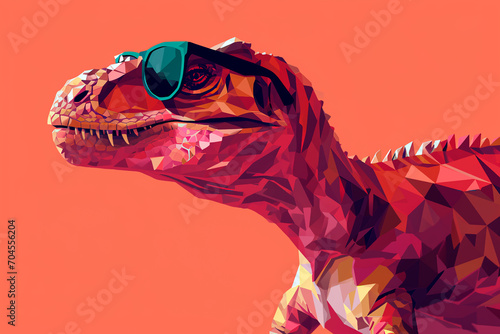 A dinosaur adorned with sunglasses, set against a solid-colored background, rendered in vector art with a digital, faceted, minimal, and abstract style. © Uliana
