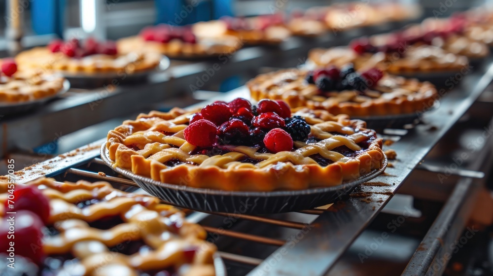 Production of bakery products at the plant using modern technologies, Pies with fruits, berries, apples. - obrazy, fototapety, plakaty 