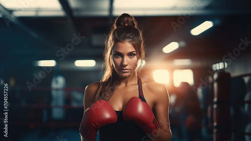 beautiful athletic girl boxer stands in a pose with her hands in boxing gloves near her face, ring, beautiful light, neon lighting, fitness, woman, strong, fight, sport photo