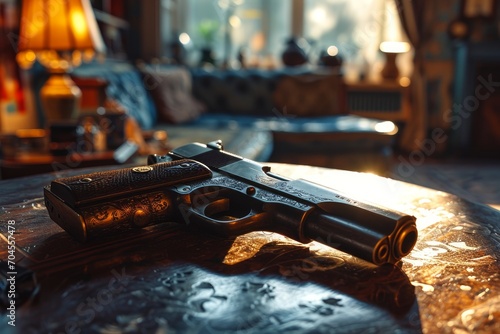 A detailed close-up of a polished handgun resting on a wooden table, with a blurred background