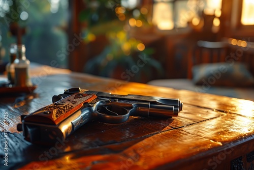 Close-Up of Handgun on Wooden Surface