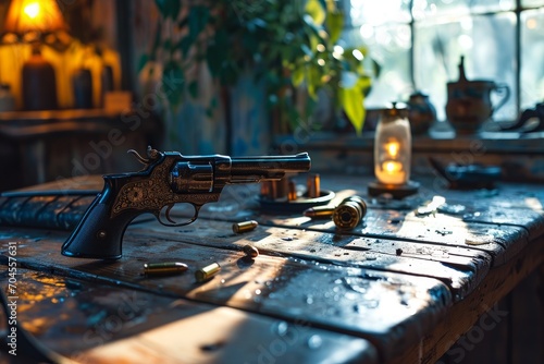 revolver surrounded by scattered bullets on a rustic table with a warm, glowing lantern in the background