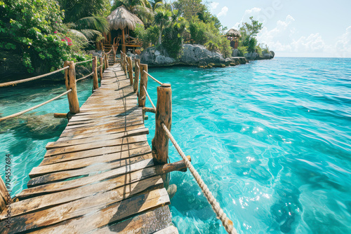 A picturesque wooden bridge extends along the crystal-clear turquoise waters of a tropical coastline, leading to a secluded hut © jechm
