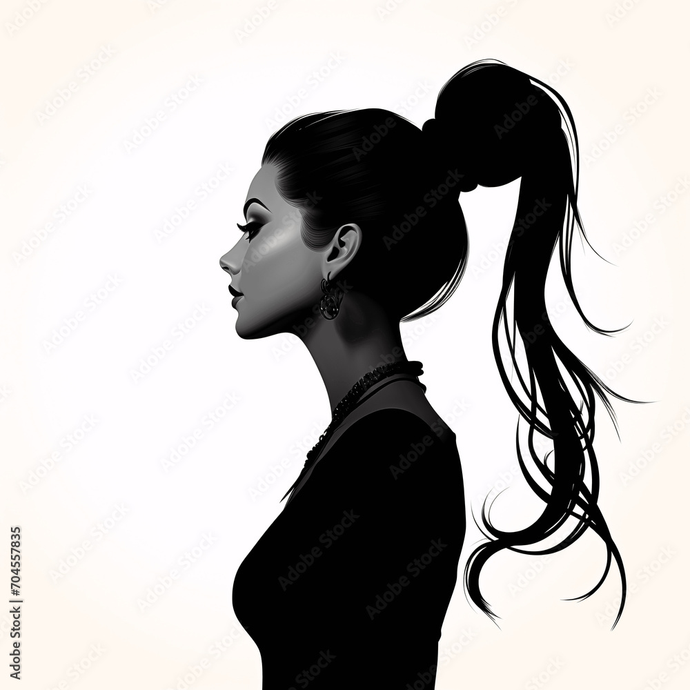 Sleek Sophistication: Monochrome Side View of Young Brunette Woman with High Ponytail - Timeless Elegance Sleek Sophistication: Monochrome Side View of Young Brunette Woman with High Ponytail - Timeless Elegance