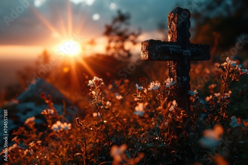 Sunset rays illuminate a wooden cross among blooming wildflowers, creating a tranquil and spiritual scene