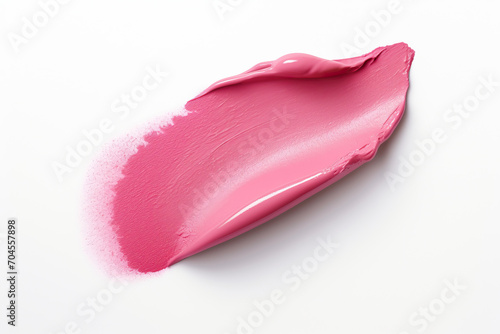 Cosmetic sample, makeup product, pink lipstick smear on white background