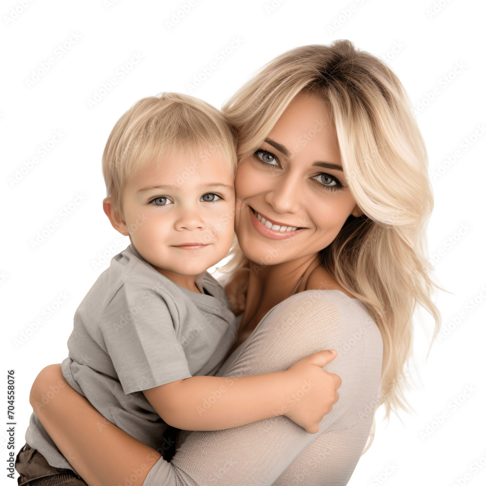Happy Blond Mother Holding Her Child in Her Arms. Isolated on Transparent Background, No Background, Cutout. Happy Blond Mother Holding Her Child in Her Arms. Isolated on Transparent Background, No Background, Cutout.