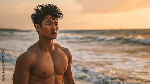 Handsome and Fit Asian Man on the Beach - Summer Fitness and Swimwear Vibes photo