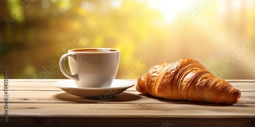 Breakfast concept: Fresh croissants and coffee on a wooden table with a blurred kitchen background.