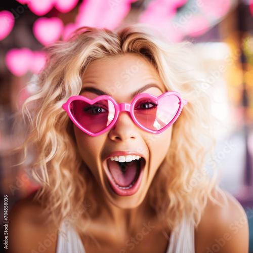 Chic Summer Love: Young Woman in Heart-Shaped Glasses - Perfect for Valentine's Day and Summer Festival 