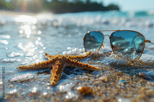 A starfish alongside a pair of sunglasses on the sandy shore, with the sparkling ocean waters reflecting the summer sun © jechm